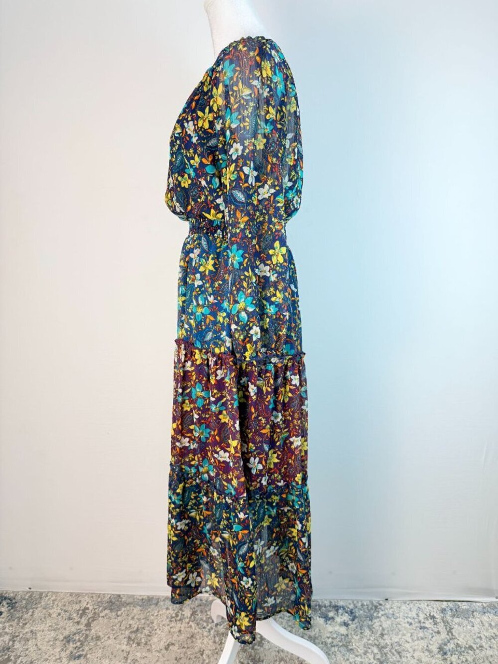 Fig And Flower Womens M Blue Floral Paisley Maxi Dress Boho Long Sleeve - Picture 5 of 16